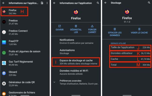 Copie de 3 écrans d'information de l’application Firefox depuis un smartphone . Avec des repères allant des lettres H à M>