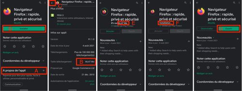 Copie de 5 écrans d’un smartphone des phases d’installation de l'application Firefox. Avec des repères allant des lettres A à G