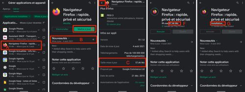 Copie de 5 écrans d’un smartphone des phases de mise à jour de l'application Firefox. Avec des repères allant des lettres A à G