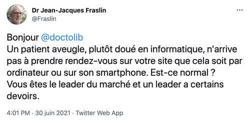 Tweet d'un médecin se plaignant que son patient aveugle ne puisse utiliser Doctolib.