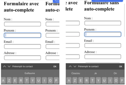 Deux formulaires, celui de gauche suggère de remplir le champ "Prénom" avec la valeur "Guillaume"; celui de droite avec les mots "Coucou", "Je" ou "On"