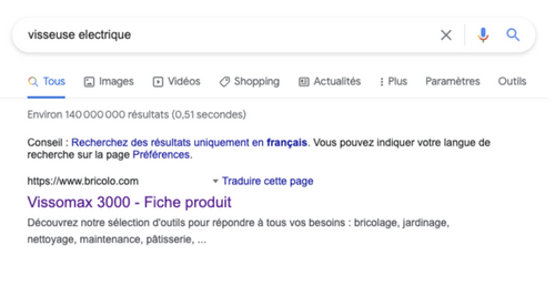 Résultat d'une recherche sur un moteur de recherche, le lien hypertexte porte le nom du titre "Vissomax 3000 - Fiche produit"