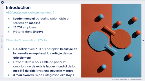 Qui sommes-nous ?   Leader mondial du leasing automobile et services de mobilité 15 700 employés Présents dans 60 pays  Cible de l’intervention d’Octo  Co-définir avec ALD et Leaseplan la culture de la nouvelle entreprise et la stratégie de son déploiement Cette culture a pour cible de porter les ambitions de devenir le leader mondial de la mobilité durable avec une nouvelle marque 3 mois avant la fin de l’intégration aka Day 1