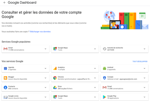 Page de visualisation des données personnelles sans téléchargement - Google