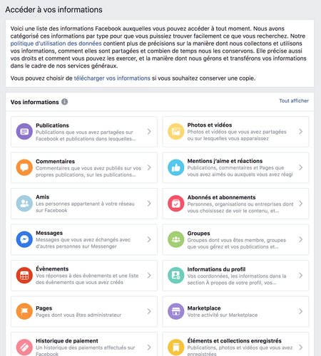 Page de visualisation des données personnelles sans téléchargement - Facebook