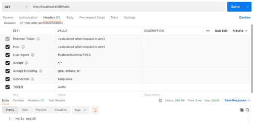 capture d'écran du logiciel postman, appelant la route hello de l'exemple de code précédent. La requête contient bien le header TOKEN, avec la valeur "world".