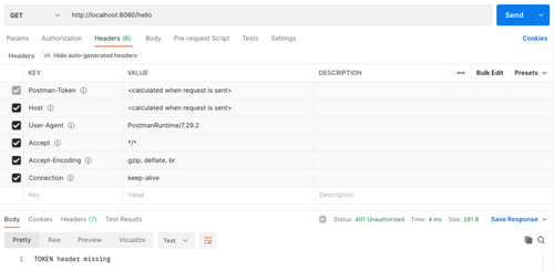 capture d'écran du logiciel postman, appelant la route hello de l'exemple de code précédent. La requête ne contient pas le header TOKEN nécessaire au bon traitement de celle-ci