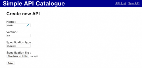 L'écran de création d'API