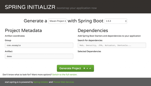 Ecran d'accueil de Spring Initializr