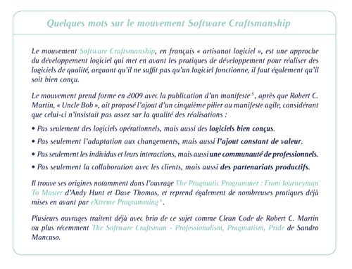 Récapiyulatif des grands axes du mouvement Software Craftsmanship