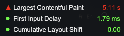 Image de la petite fenêtre avec 3 valeurs Largest Contentful Paint, First Input Delay et Cumulative Layout Shift qui s'affichent en haut à droite sur les navigateurs basés sur Chromium une fois activé